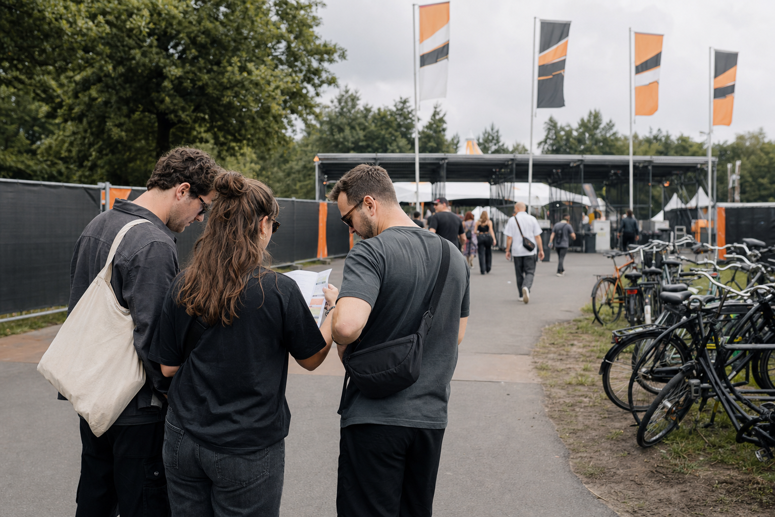 Drie bezoekers bekijken samen het programma bij de ingang van een buitenfestival